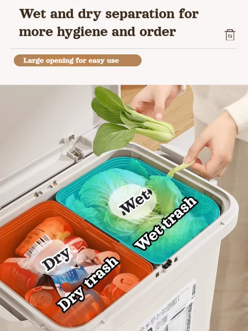 Kitchen Double Partition Trash Can Multifunctional Household Garbage Can with Lid 42L Simple Movable Dry and Wet Separation Bin