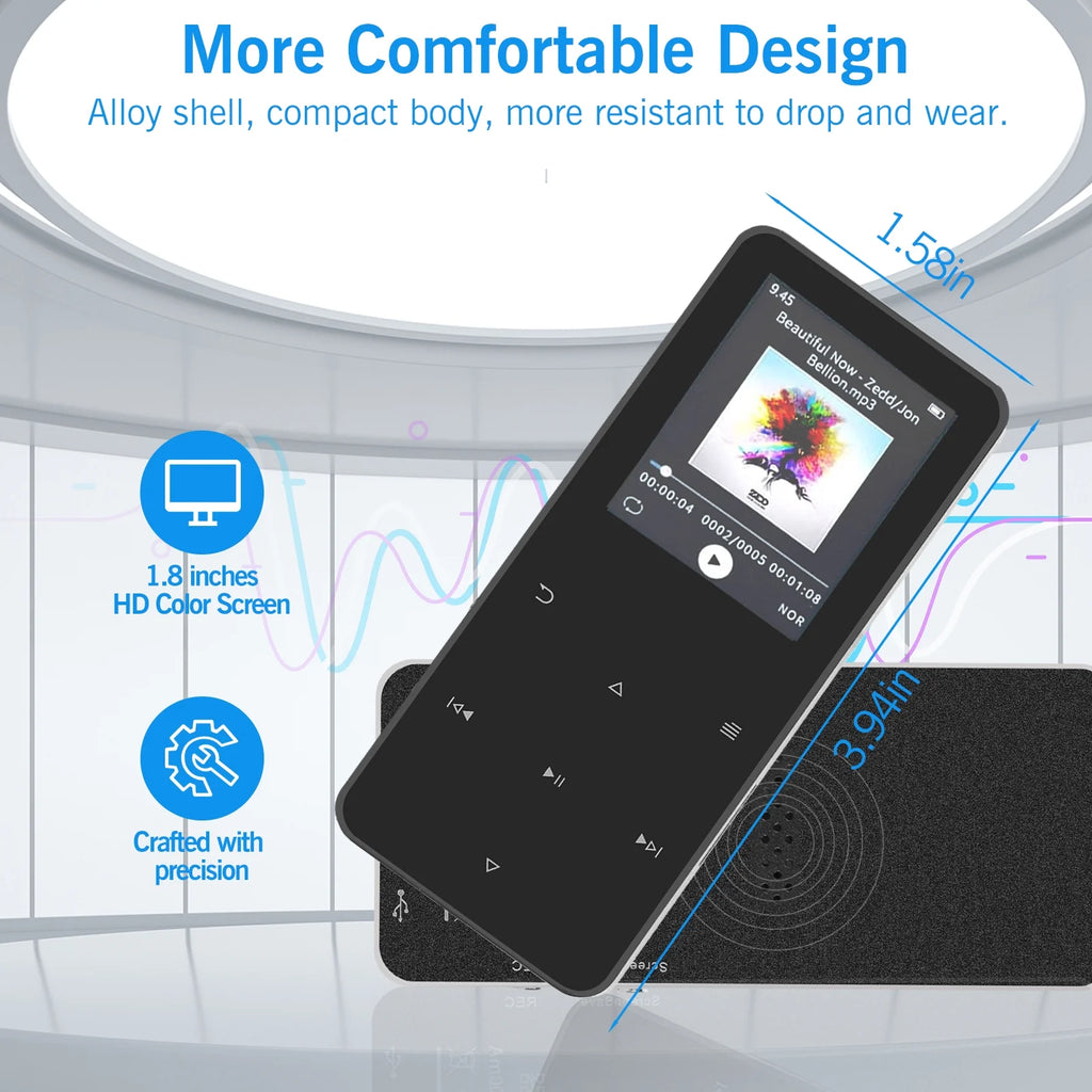 16GB MP3 Player with Bluetooth 1.8 Inch Screen Portable Music Player with Speaker, Voice Recorder, Video, E-Book, Photo, Touch Buttons Digital Audio Player, Supports Expanded up to 128GB, Black