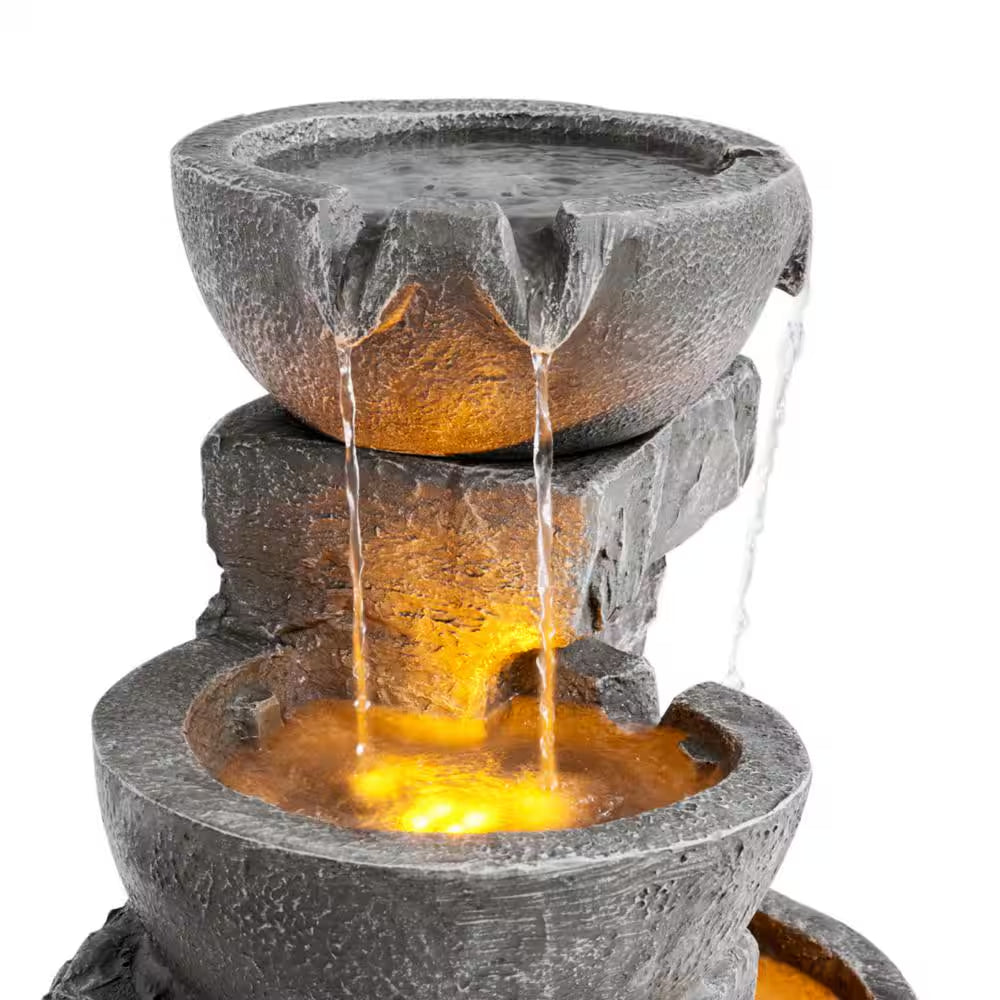 Outdoor Zen Garden 33 In. Stone-Texture Polyresin Cascading Waterfall Fountain with LED Lights