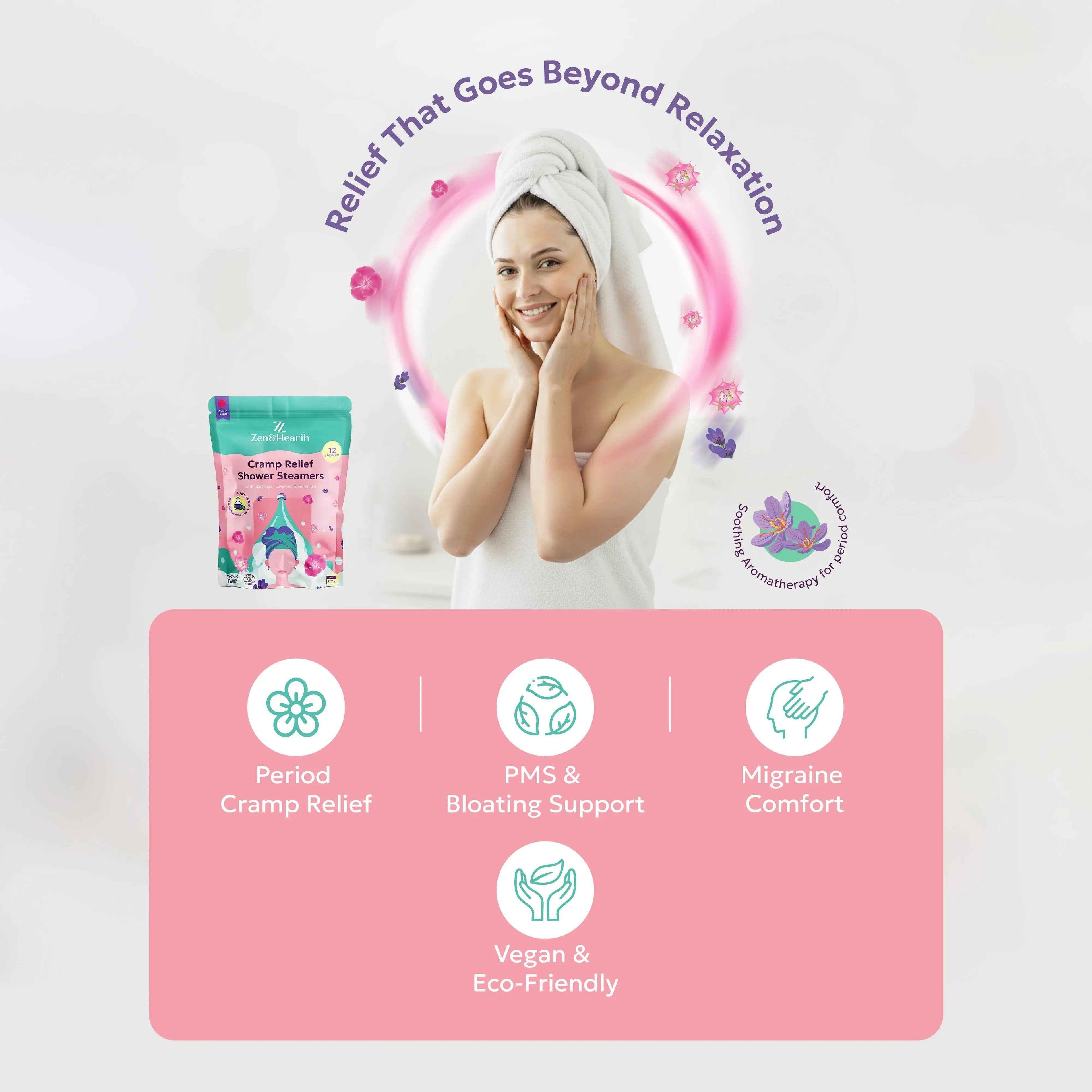 Zen & Hearth Cramp Relief Shower Steamers - Handcrafted Aromatherapy Tablets with Clary Sage, Lavender & Geranium for Period Pain Relief & Relaxation Made in Canada