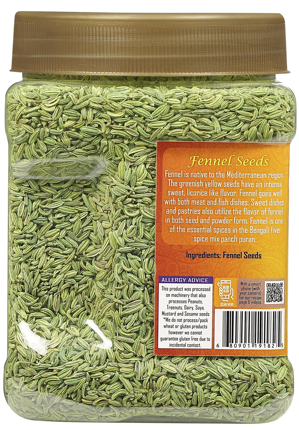 Fennel Seeds (Saunf Sabut) Whole Spice 16Oz (1Lb) 454G PET Jar ~ All Natural | Gluten Friendly | NON-GMO | Vegan | Kosher | Indian Origin