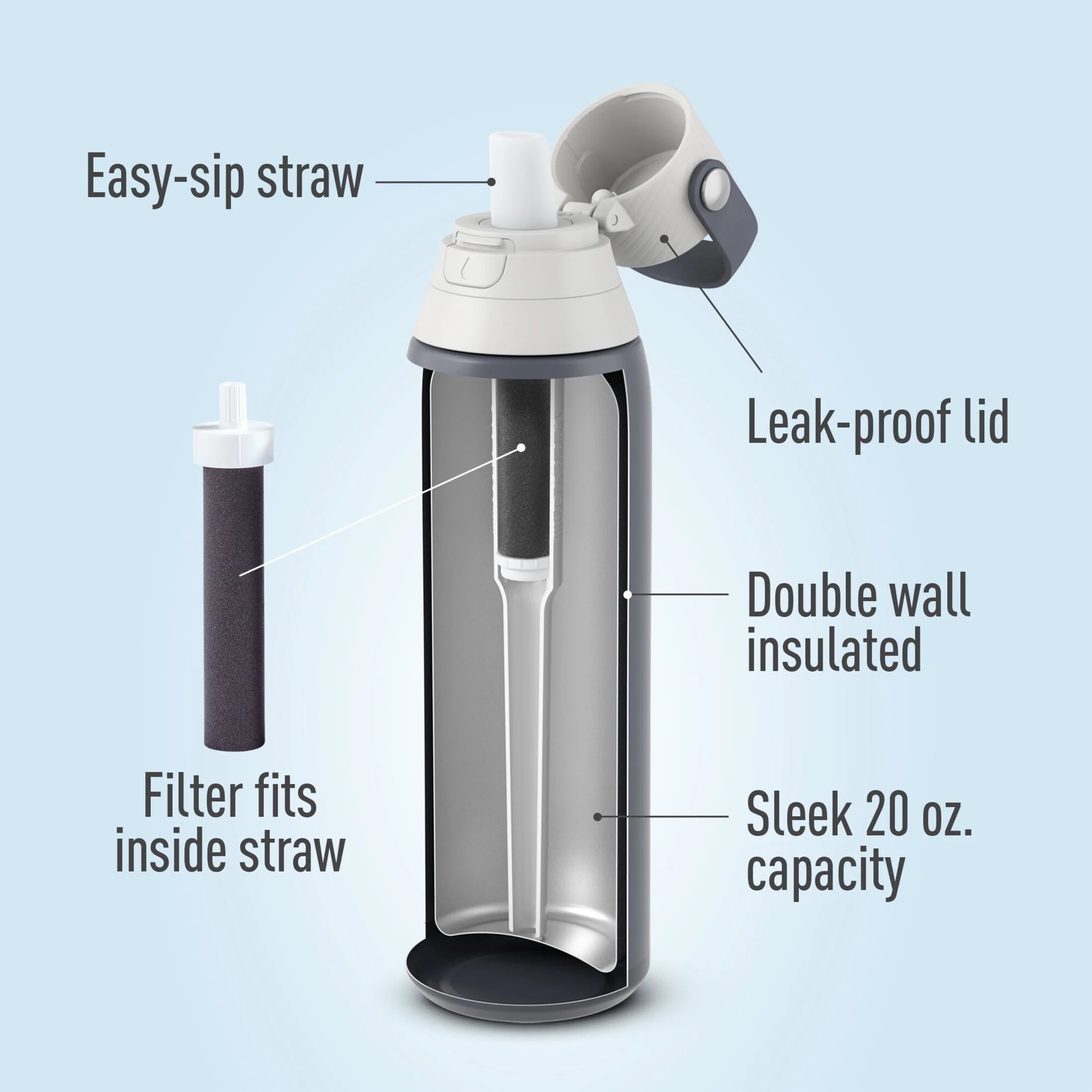 20 Oz Carbon Premium Stainless Steel Leak Proof Filtered Insulated Water Bottle with Straw