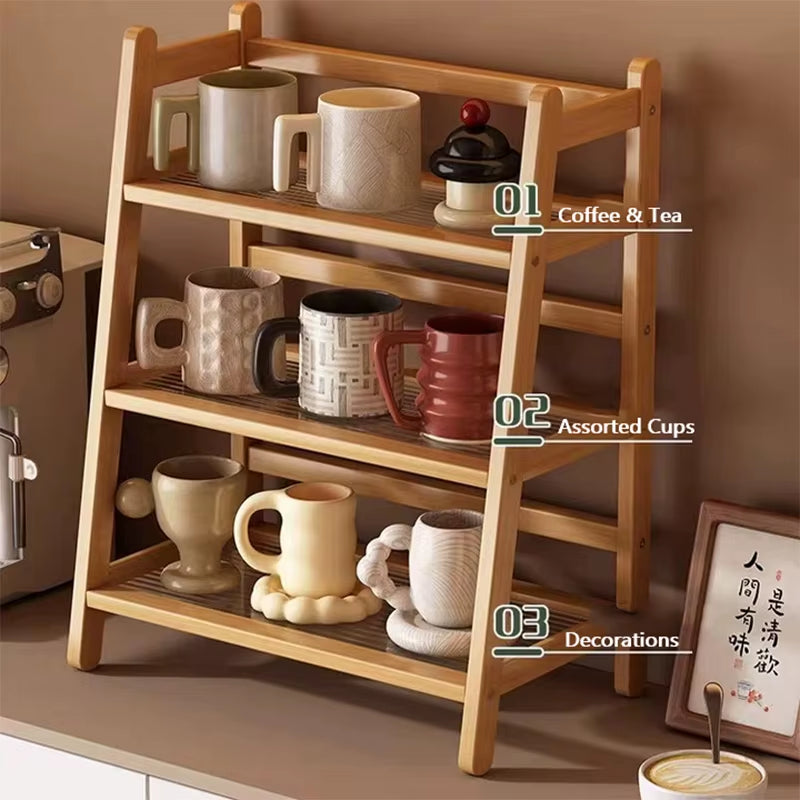 3 Tier Bamboo Shelf Desktop Cabinet Organizer Display Rack Cup Rack Spice Caddy Shelf for Kitchen Makeup Organizer for Vanity