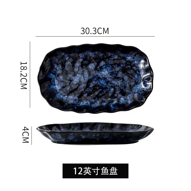 Ceramic Dinner Plates and Bowls, Blue Dishes, Creative Japanese Retro Kiln Changed Tableware Set, Dinnerware