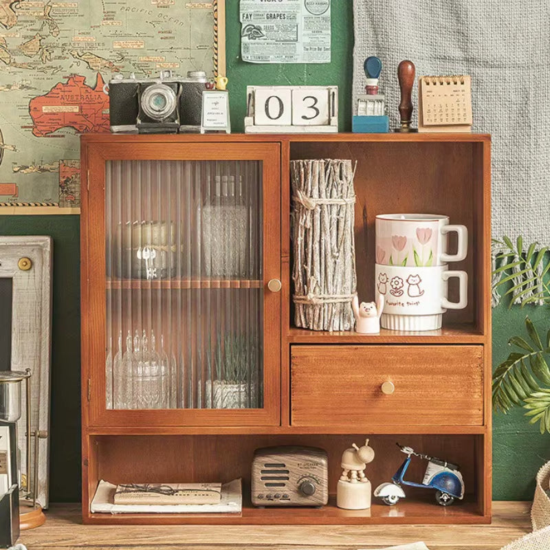 Retro Tabletop Display Cabinet - 3-Tier Glass & Wood Storage Rack for Tea Sets,Vintage Desktop Organizer with Adjustable Shelves