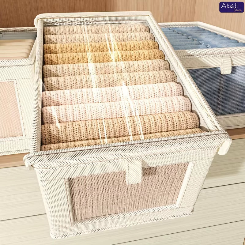 Large Canvas Storage Box with Clear Window Thickened Foldable Clothes Organizer with Lid Home Dustproof Storage Box