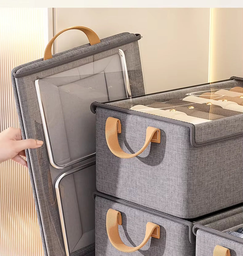 Collapsible Clothing Organizer Folding Clothes Storage Basket with Cover Metal Frame Underwear Storage Home Organization Drawer