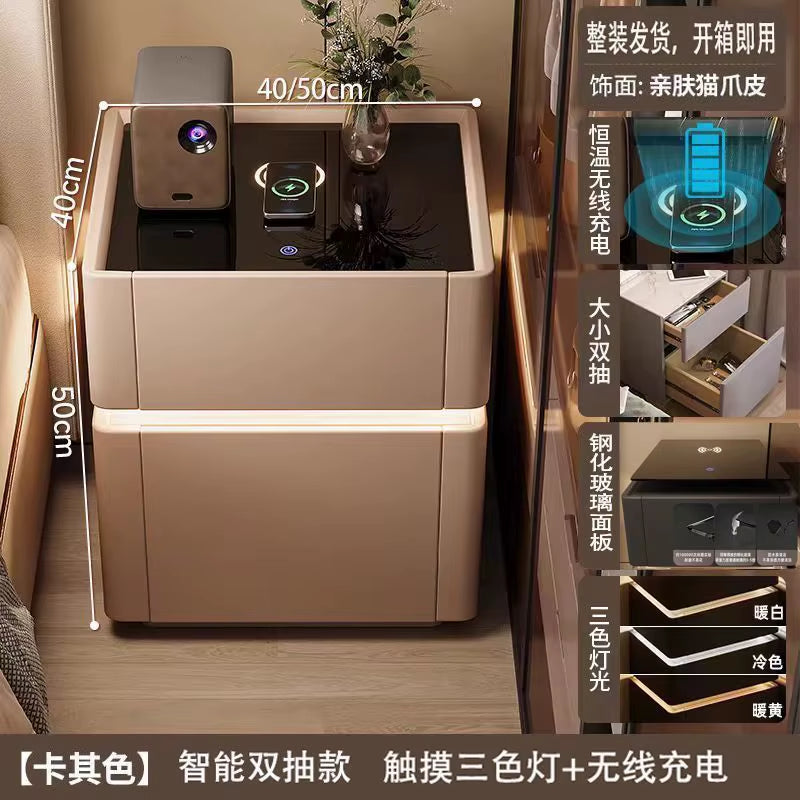 Smart Nightstand with LED Light Wireless Charging Safe or 2 Drawers – Modern Bedside Table Tempered Glass Top No Assembly