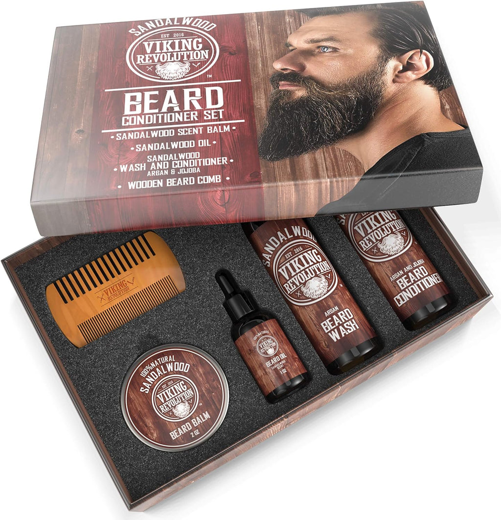 Beard Grooming Kit - with Beard Wash, Conditioner, Oil, Balm & Comb - Softens, Smoothes, Soothes - Sandalwood Scent - Gifts for Men