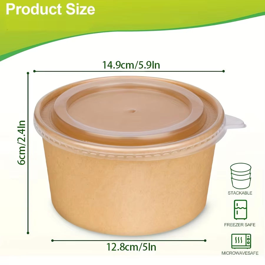 25Pcs/Set Disposable Kraft Paper Bowls with Lids for Soup Salad Noodles Takeaway Lunch Boxes Set Eco-Friendly Food Packaging Box