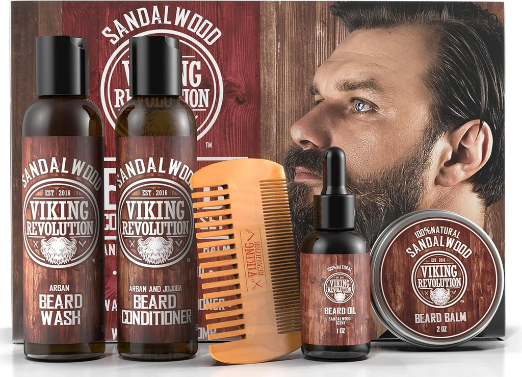 Beard Grooming Kit - with Beard Wash, Conditioner, Oil, Balm & Comb - Softens, Smoothes, Soothes - Sandalwood Scent - Gifts for Men