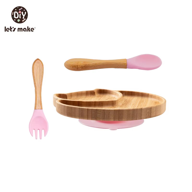 Let'S Make Baby Dinner Plates Set Wooden Cartoon Dinner Plate Fork Spoon Children Feeding Plate Safe Edible Silicone Product
