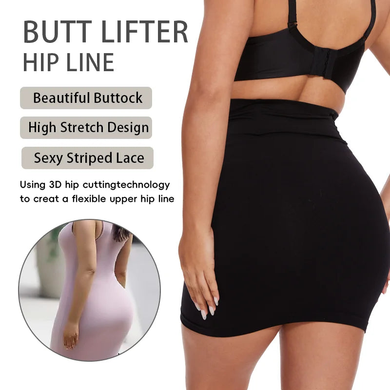 Women Sexy Built-In Thong Dress Half Slip Shapewear High Waist Seamless Butt Lifter Knee Length Body Shaper Anti-Slip Skirt