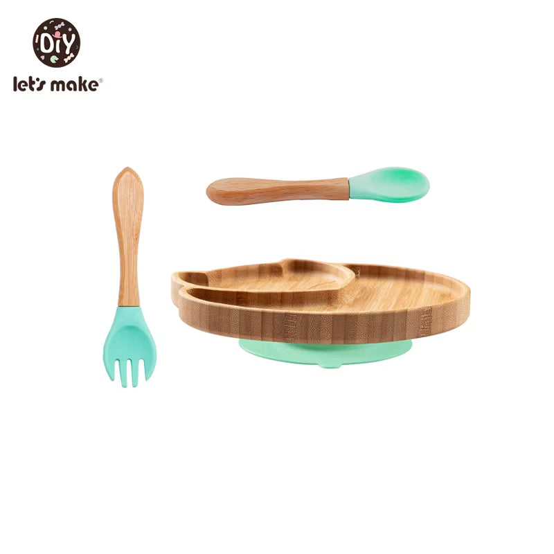Let'S Make Baby Dinner Plates Set Wooden Cartoon Dinner Plate Fork Spoon Children Feeding Plate Safe Edible Silicone Product