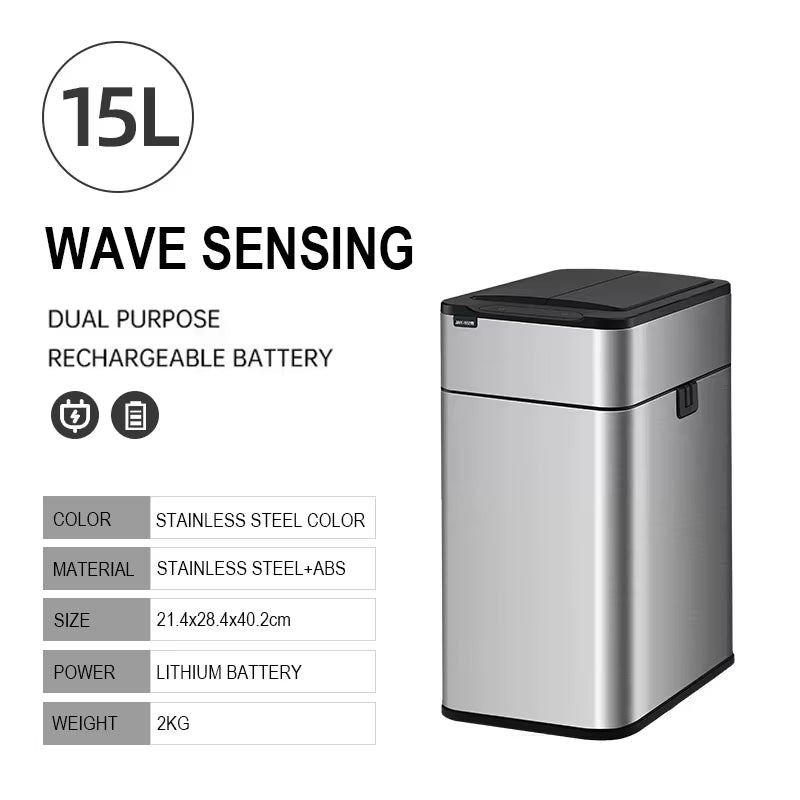 Smart Trash Can 20L Kitchen Two-Way Sensor Dustbin Wastebasket Automatic Bagging Trash Bin Stainless Home Rectangular Waste Bin
