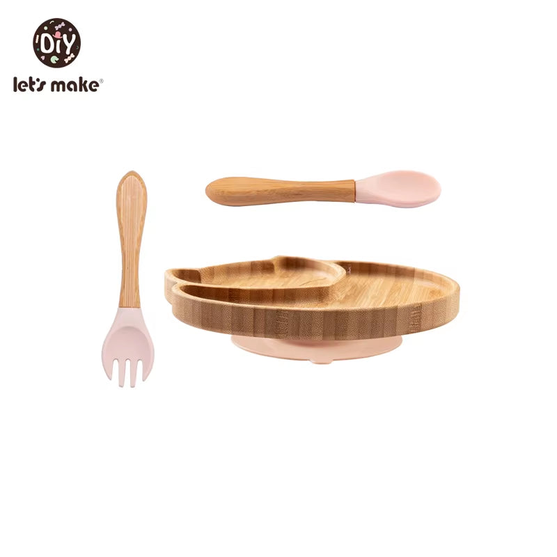 Let'S Make Baby Dinner Plates Set Wooden Cartoon Dinner Plate Fork Spoon Children Feeding Plate Safe Edible Silicone Product