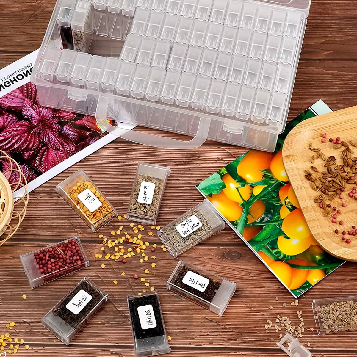 Seed Storage Box 64 Slots Seed Organizer with Lid Grid Box Planting Plant Seed Container with 64 Label Stickers