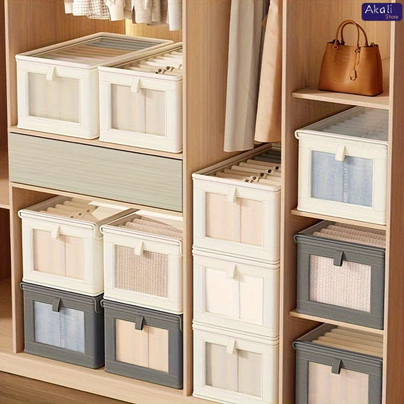 Large Canvas Storage Box with Clear Window Thickened Foldable Clothes Organizer with Lid Home Dustproof Storage Box