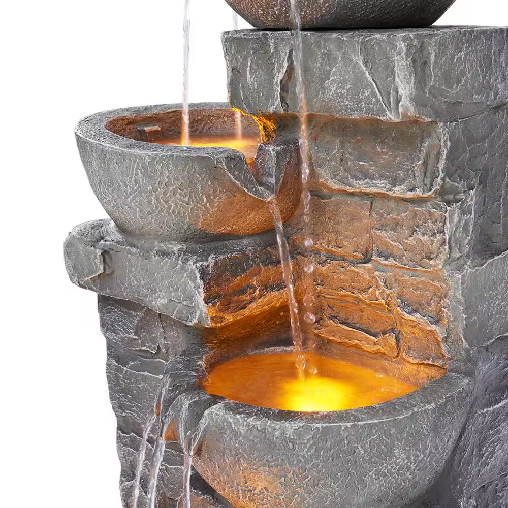 Outdoor Zen Garden 33 In. Stone-Texture Polyresin Cascading Waterfall Fountain with LED Lights