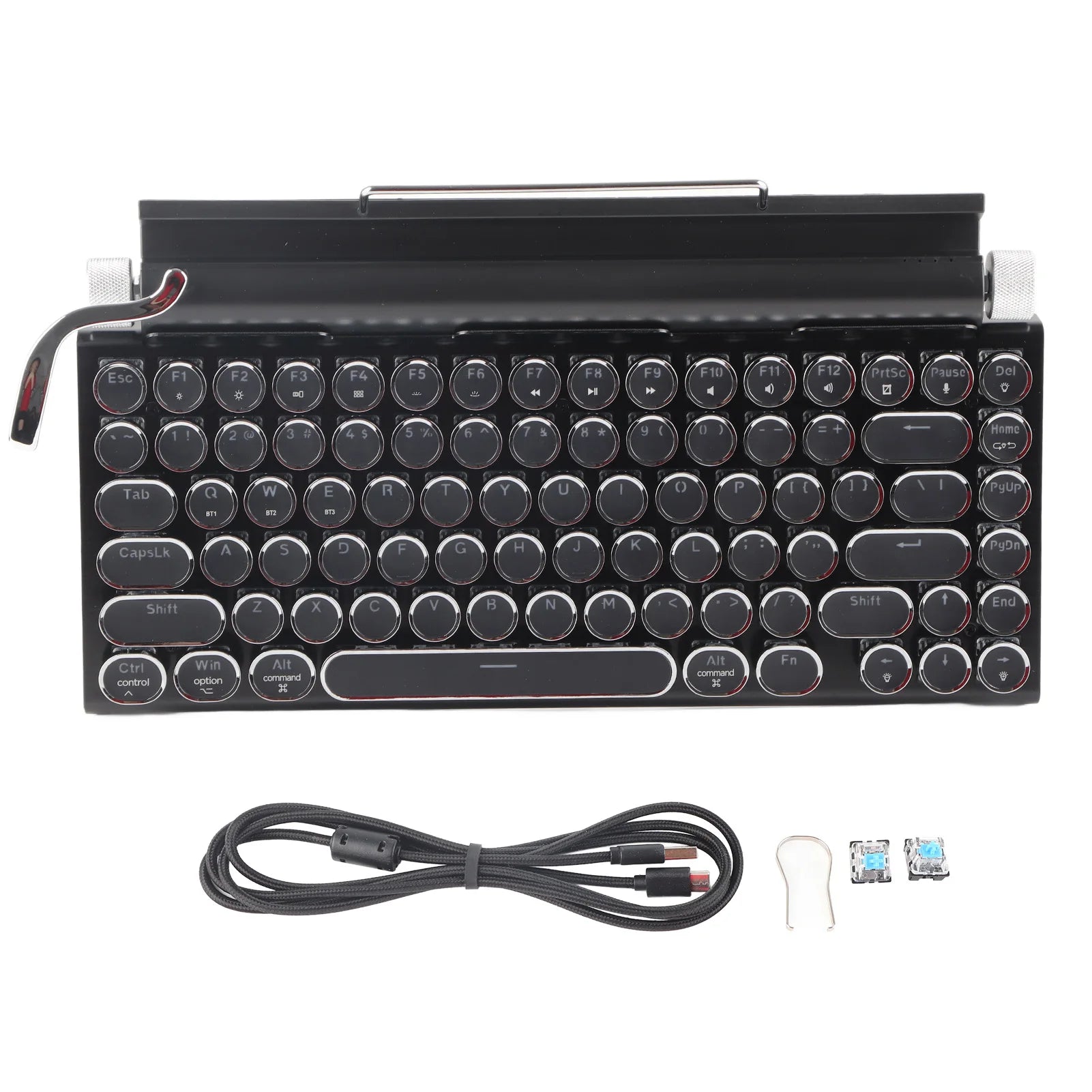 Typewriter Keyboard 83 Keys Vintage Wireless Mechanical Keyboard with Metal round Blue Switch Mechanical Keyboard