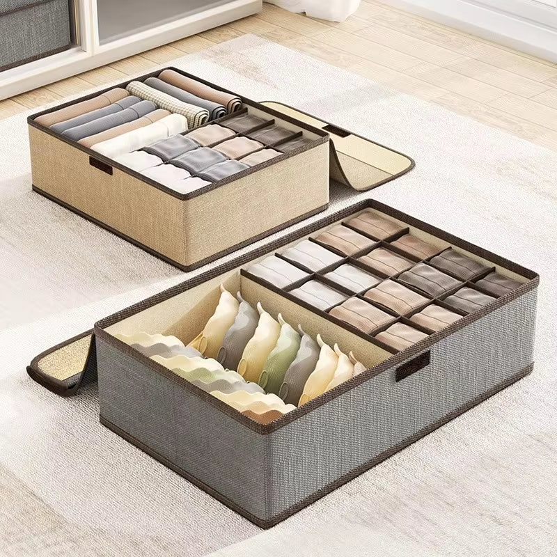 Underwear Storage Box Cotton and Linen Six-Compartment Compartment with Lid Underwear Box with Compartments Drawer Style