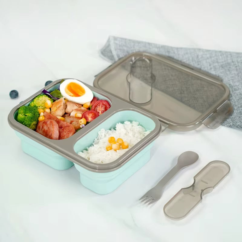 1Pc 700ML+400ML Folding Dividers Silicone Lunch Box Dishwasher Safe Silicone Food Storage Containers Bowl with Lids for Kitchen