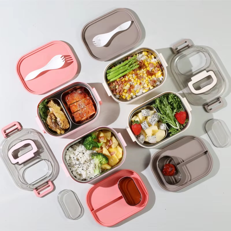 Office Worker Lunch Box Double-Layer Bento Box Stainless Steel Heating Lunch Box Set Student Tableware Microwave
