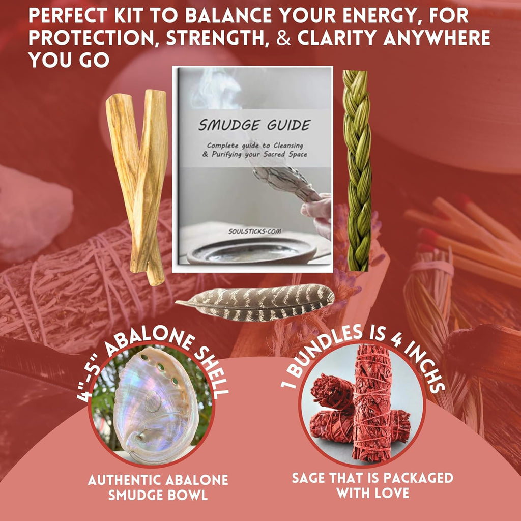 Ancient VEDA Organic Smudge Kit – Dragon'S Blood, Palo Santo, Sweetgrass, Abalone Shell, Feather & Smudge Guide | Smudging Kit for Home Energy Cleansing, Meditation (Healer'S Kit, Dragon'S Blood Sage)