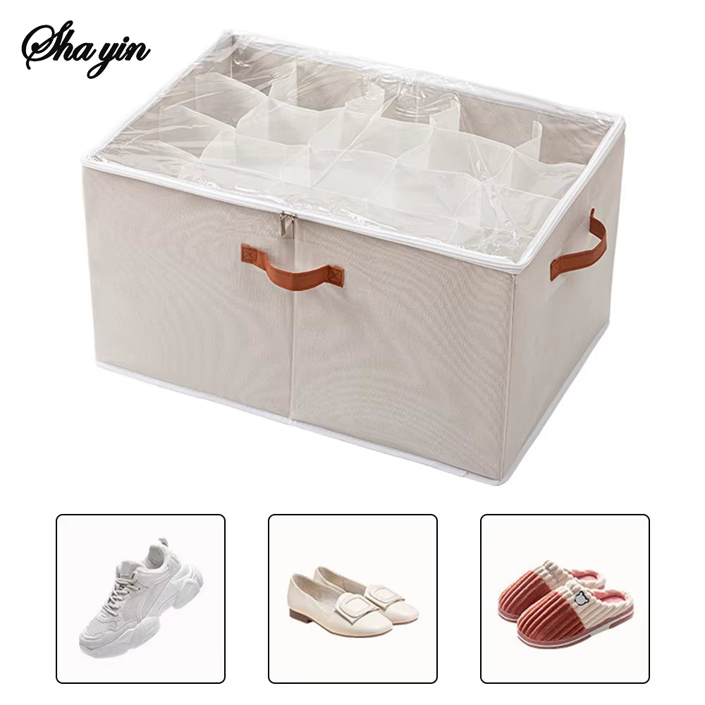 12/16/20Grid Shoe Storage Artifact Home Foldable Fabric Shoe Box Transparent Sports Shoes Leather Shoes Dustproof Organizing Box
