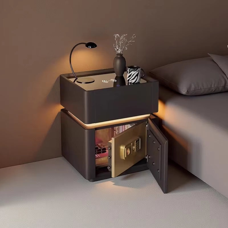 Smart Nightstand with LED Light Wireless Charging Safe or 2 Drawers – Modern Bedside Table Tempered Glass Top No Assembly