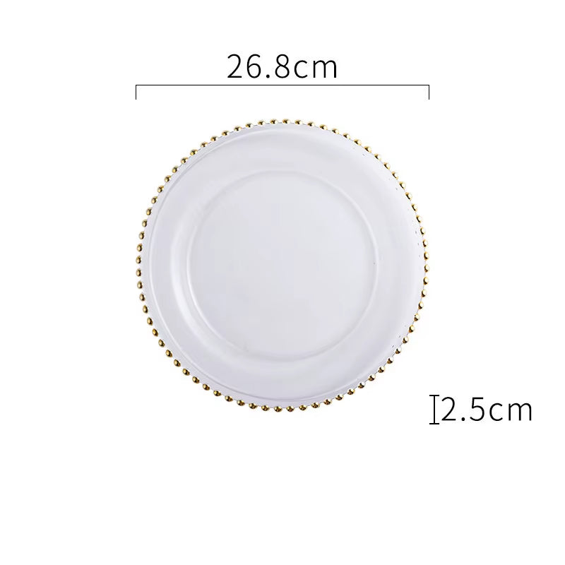 Natural Shell Wood Plates Set Golden Beads Decorative Glass Steak Pasta Plate Serving Tray Dinner Decoration Kitchen Tableware