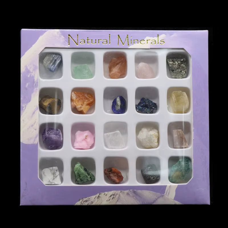 20Pcs/Set Natural Stone Box Fossile Healing Quartz Raw Mineral Rock Crystal Agate Specimen for Education Home Decor Energy Reiki