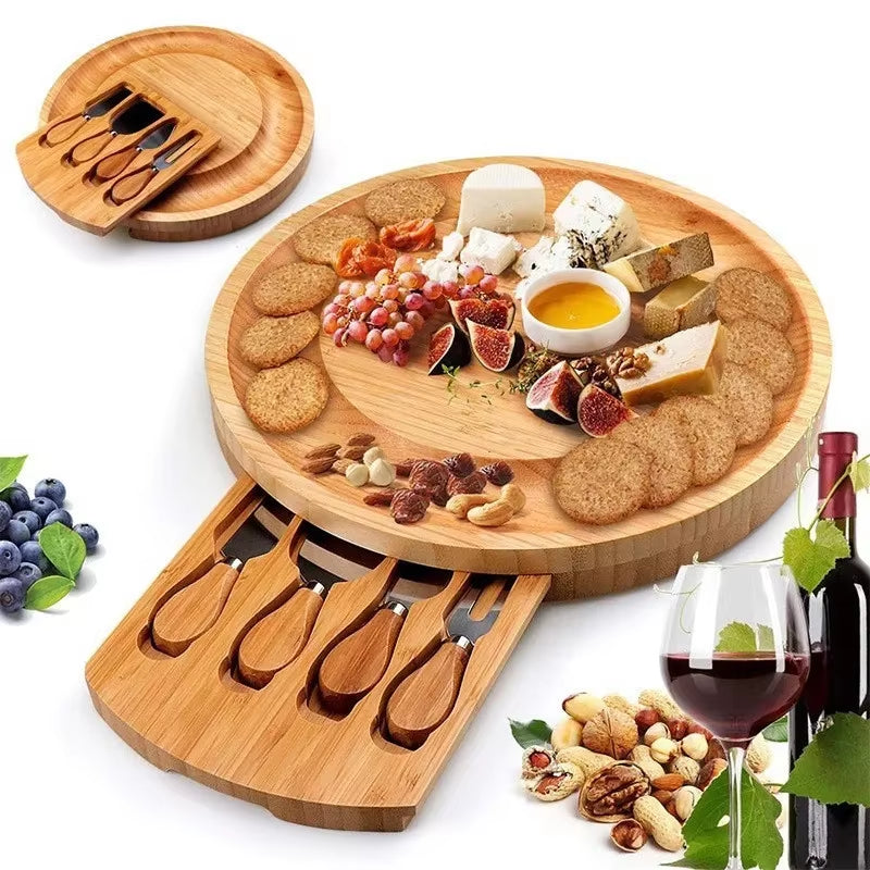 Portable Cheese Platter Tableware Set Deli Board Bake Cake Large Bamboo Rectangle Steak Pizza Tray Plate Including Knife & Fork