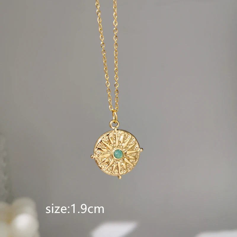 2022 New Gray Enamel round Star Sun Charm Natural Stones Pendants Necklace Stainless Steel Clavicle Chain Jewelry