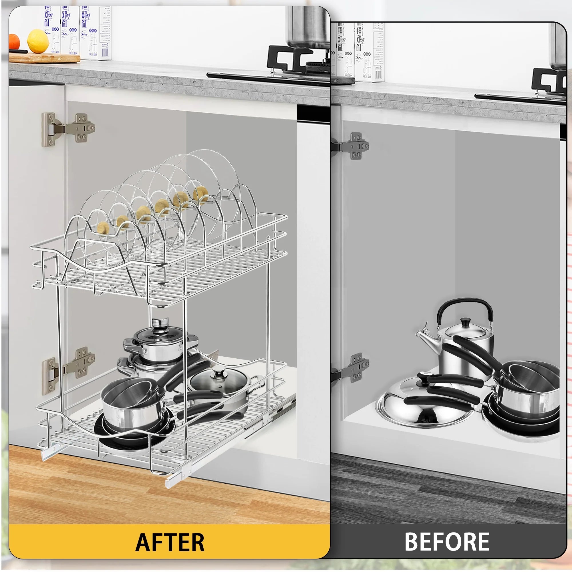 Pull Out Cabinet Pots and Pans Organizer 11" W X 18" D 2 Tier Wire Basket for Lid Cookware Drawer Slide Out Kitchen Cupboard Organization Shelves Shelf for Pantry Roll Out Storage