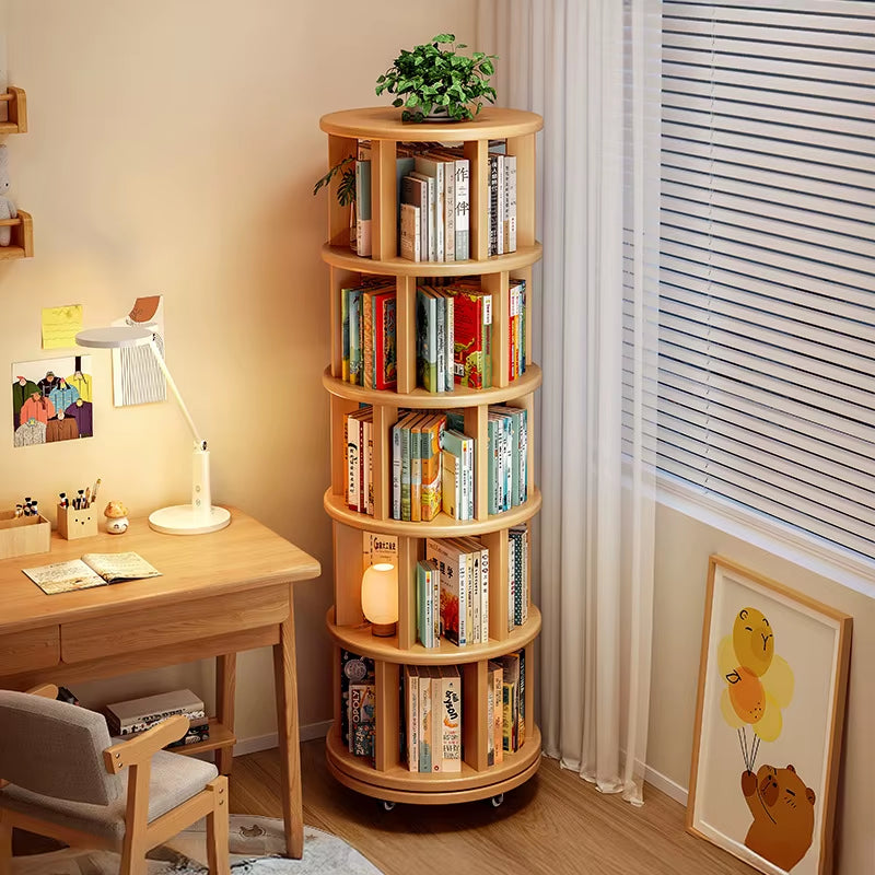 Solid Wood Rotating Bookshelf 360 Degree Floor-Standing Bookcase Storage Rack Movable Corner Children'S Small Narrow Cabinet