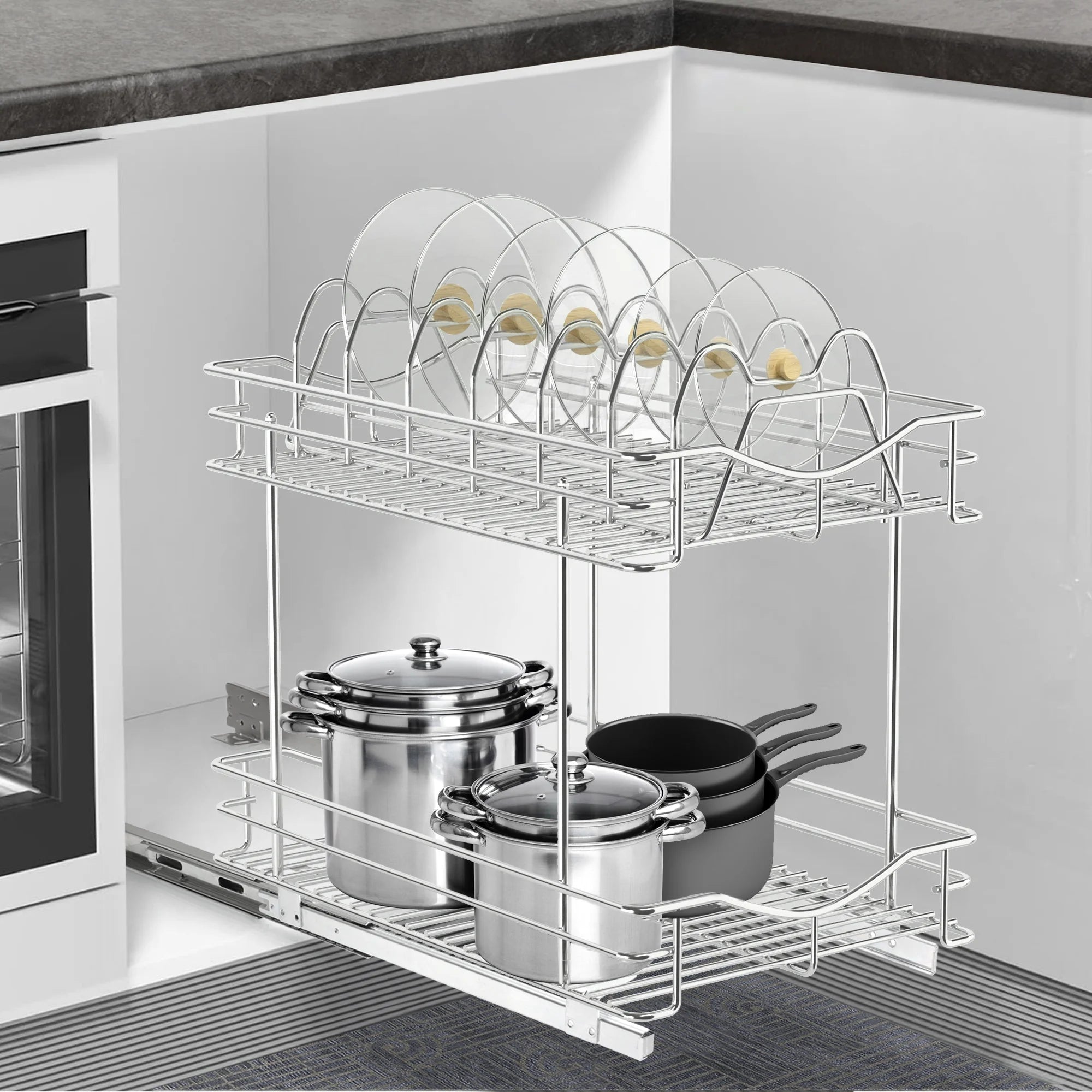 Pull Out Cabinet Pots and Pans Organizer 11" W X 18" D 2 Tier Wire Basket for Lid Cookware Drawer Slide Out Kitchen Cupboard Organization Shelves Shelf for Pantry Roll Out Storage