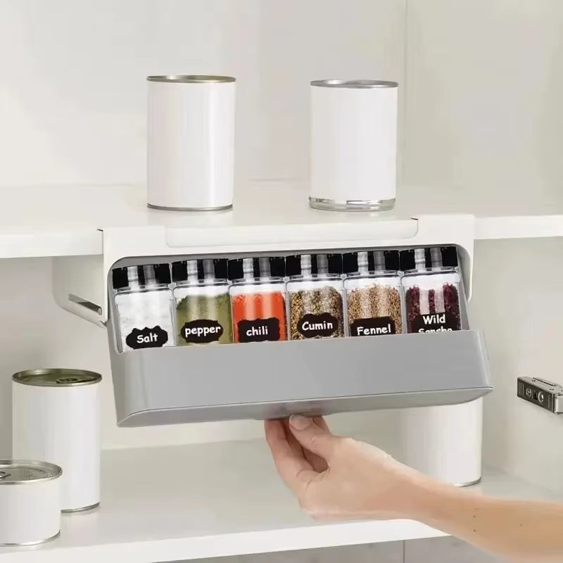 1Pc Plastic Seasoning Bottle Storage Rack Punch-Free Adjustable Seasoning Box Salt Sugar Seasoning Jar Set Kitchen Organizer