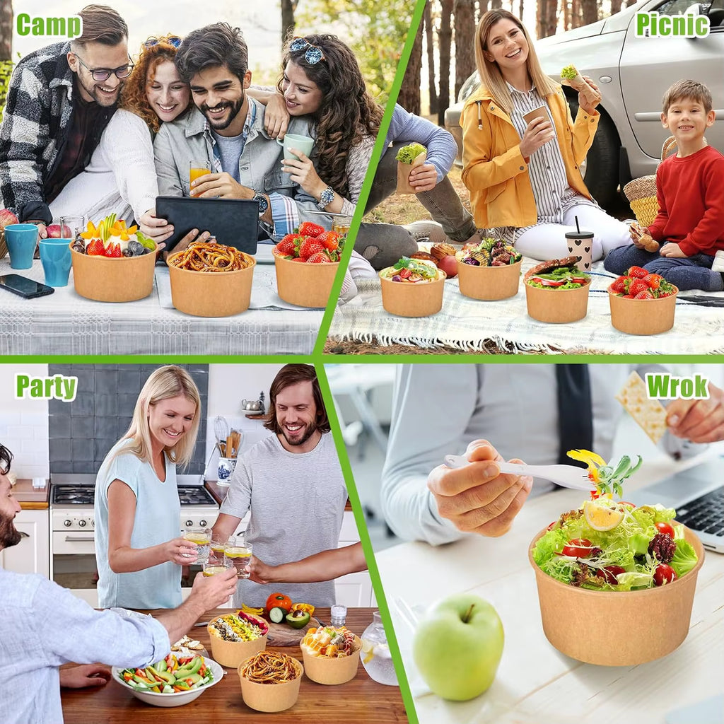 30/1X 500/750/1000ML Portable Kraft Salad Paper Bowls with Lids Biodegradable Disposable Tableware Meal Prep Takeout Bento Boxes