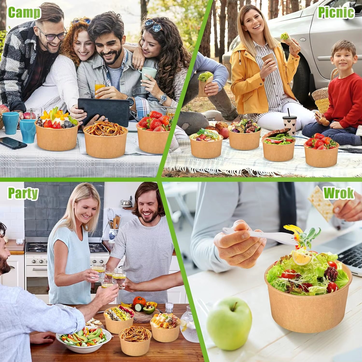 30/1X 500/750/1000ML Portable Kraft Salad Paper Bowls with Lids Biodegradable Disposable Tableware Meal Prep Takeout Bento Boxes