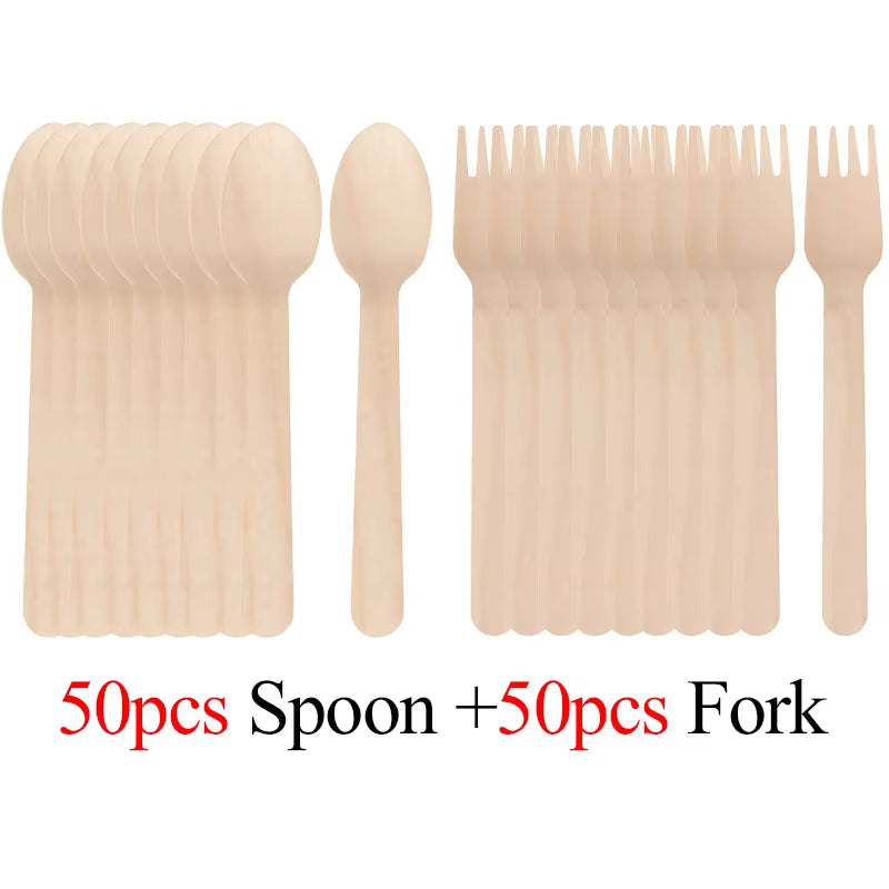 Disposable Wooden Cutlery 50/100PCS Pack 14Cm Fork Spoon Party Camping Picnic Wedding Travel Tableware Sets Kitchen Supplies ZYF