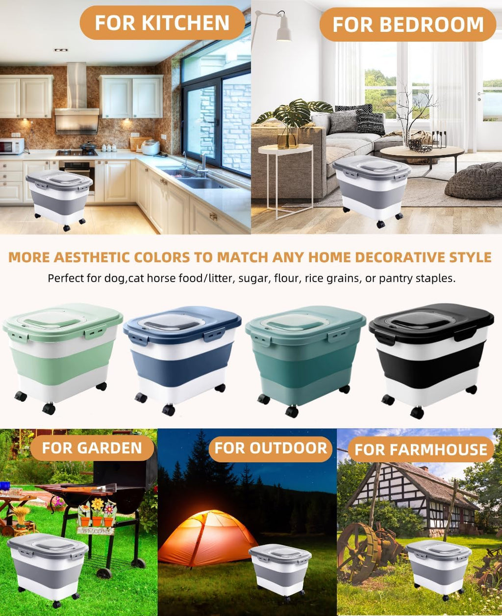 20-30 Lbs Rice Storage Container,Collapsible Food Storage Containers with Rolling Wheel Airtight Locking Lid,Flour Storage Container with Cup and Scoop,Suitable for Food,Rice,Pet Food,Flour