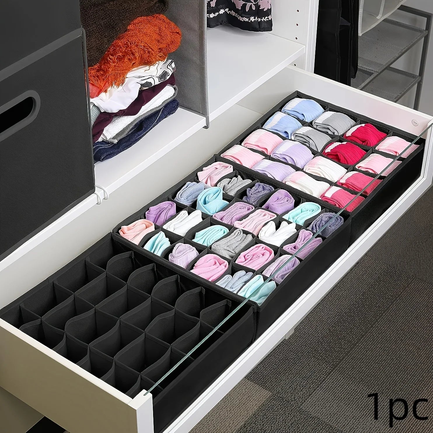 24-Compartment Fabric Drawer Organizer for Underwear, Socks, and Ties - Foldable Closet Storage Box with Tension Mount