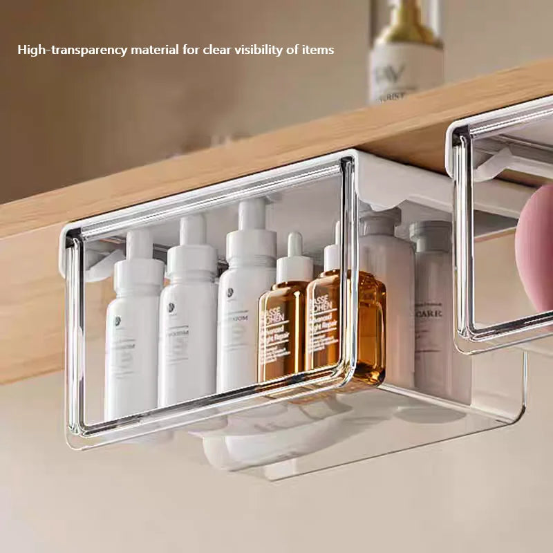 Qtip Holder Dispenser under Mirror Cabinet Pull-Out Storage Box Transparent Drawer for Cotton Pad,Swabs,Floss Makeup Organizers