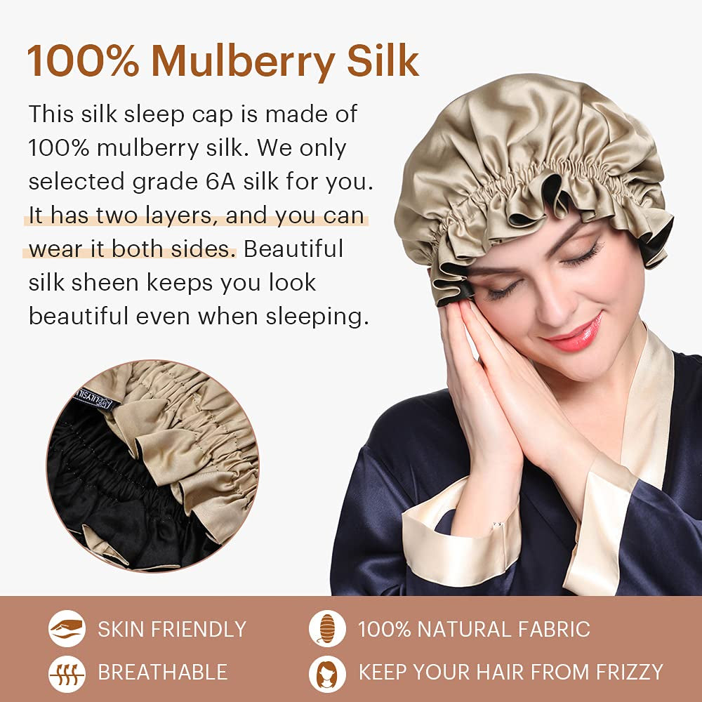 Pure Silk Lined Cap for Women Sleep, Double Layered, Adjustable Ribbons, Luxury Natural Silk Bonnet Cap for Sleeping Coffee+Black