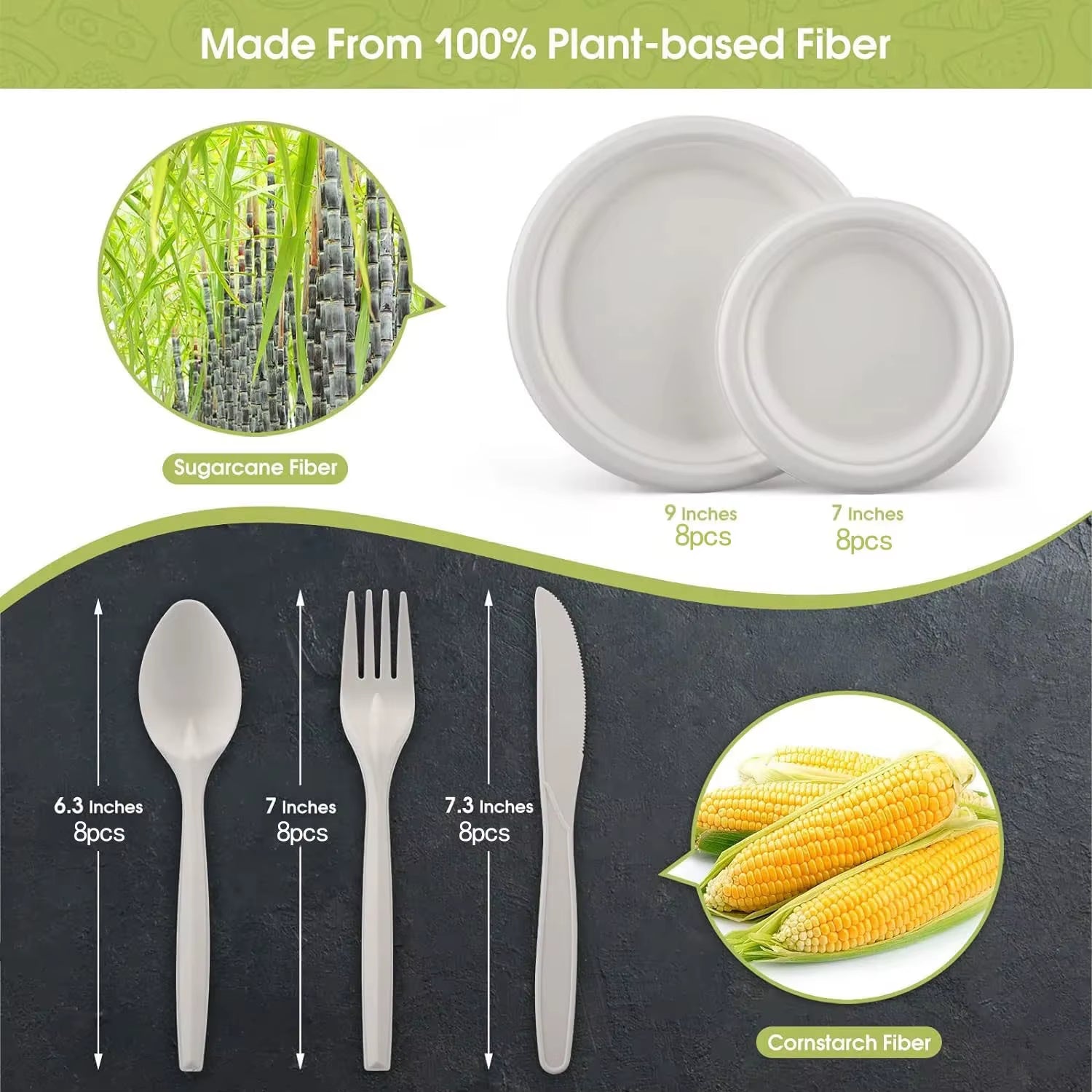 40Pcs Compostable Paper Plates with Cutlery Set,Disposable Biodegradable Utensil Eco-Friendly Dinnerware Includes Plates,Cutlery