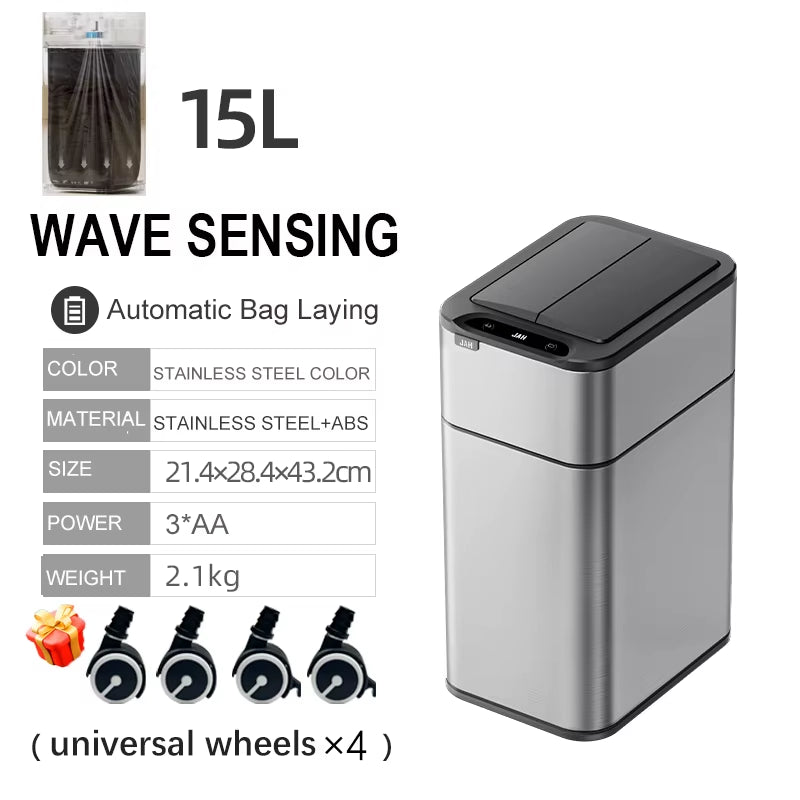 Smart Trash Can 20L Kitchen Two-Way Sensor Dustbin Wastebasket Automatic Bagging Trash Bin Stainless Home Rectangular Waste Bin