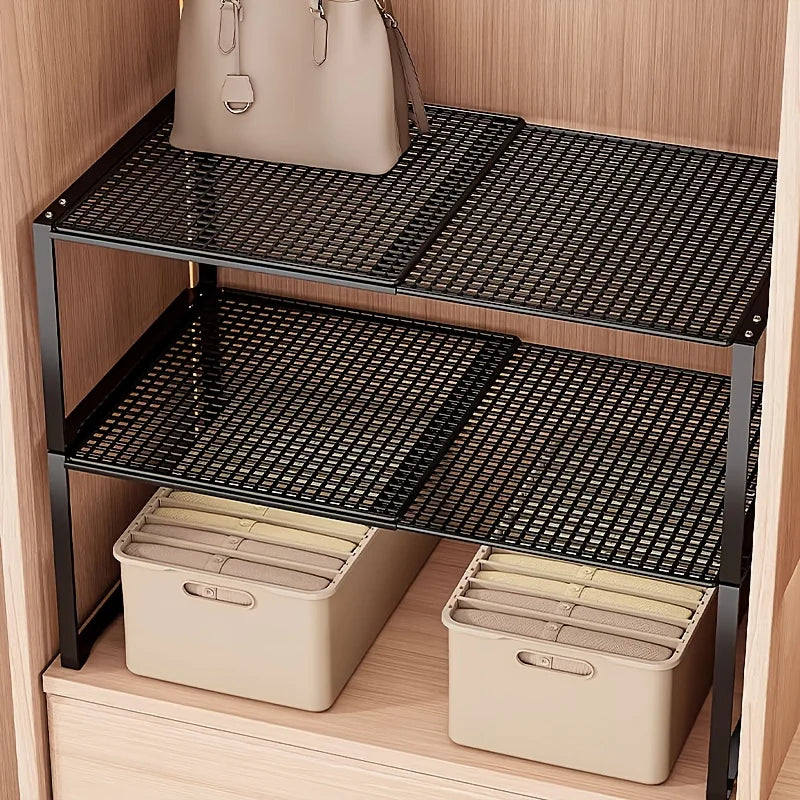 Expandable and Adjustable Wardrobe Organizer Space-Saving Stackable Shelf for Kitchen Bedroom Cabinet and Desktop Organization