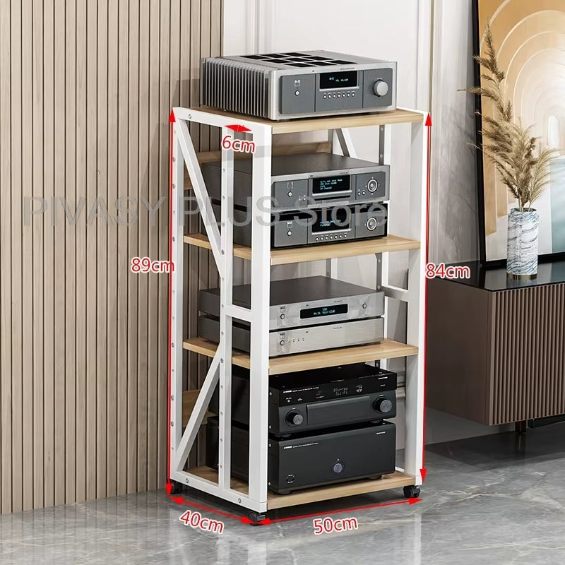 Adjustable 2-5 Tier Audio Rack Steel Frame Media Console E1 Panels Amplifiers Bracket with Wheels for Amp Home Theather Storage