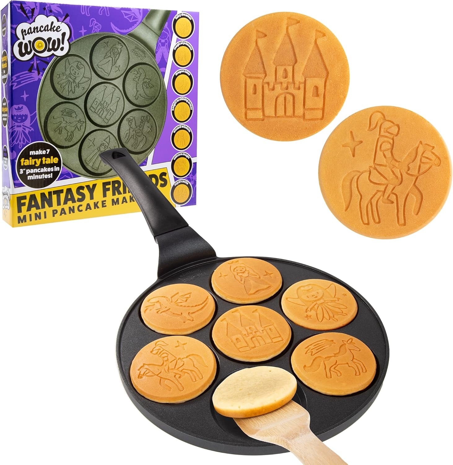 Fantasy Friends Mini Pancake Pan - Nonstick Griddle for Breakfast Magic, Featuring a Princess Castle & More, 7 Unique Flapjacks
